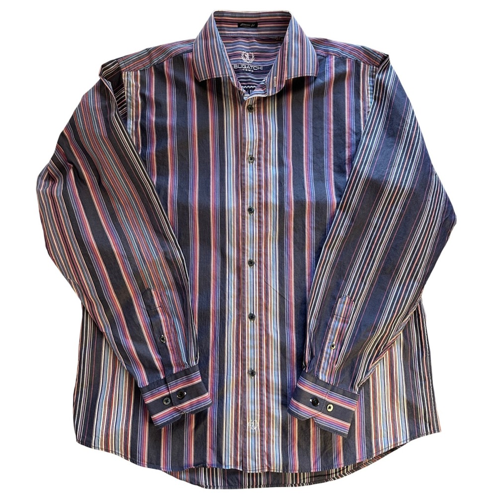 BUGATCHI UOMO Men's Classic Fit Striped Long Sleeve Button Down Shirt Sz Large